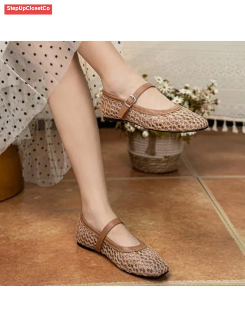 Woven Mary Jane Flats Comfortable Square Toe Mesh Ballet Shoes